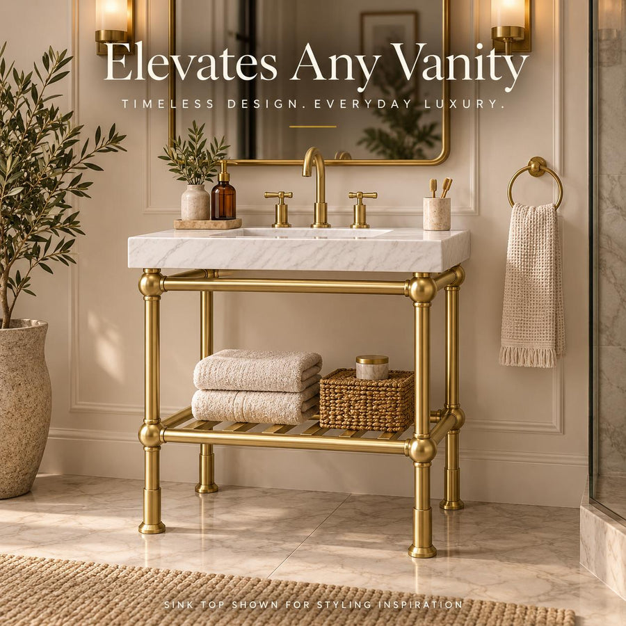 Handmade brass vanity sink stand shown as freestanding or wall-supported installation