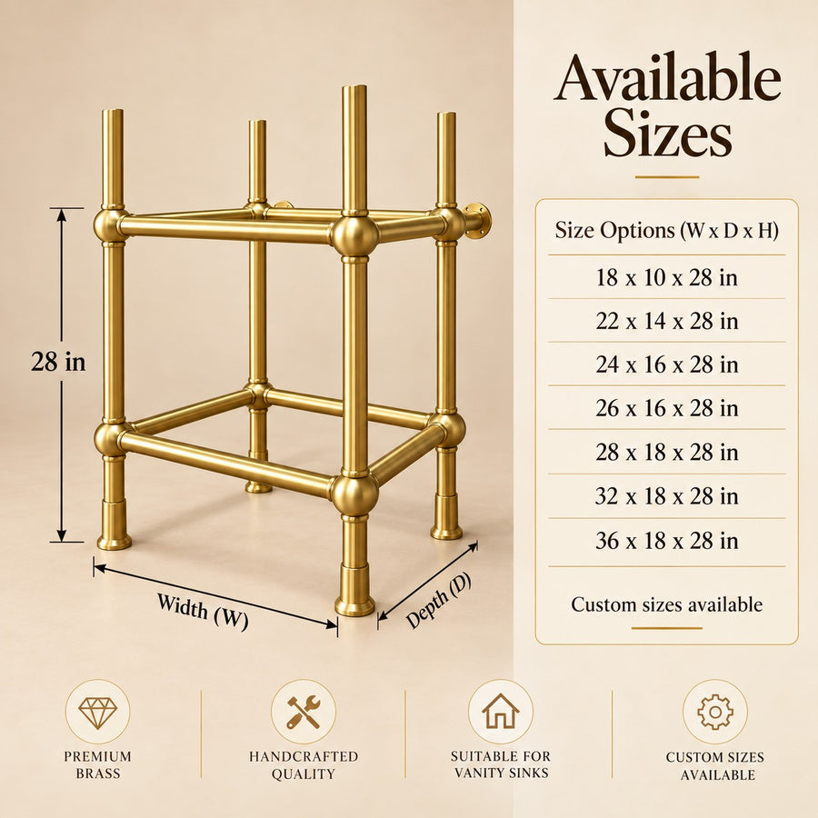 Handmade brass vanity sink stand shown as freestanding or wall-supported installation
