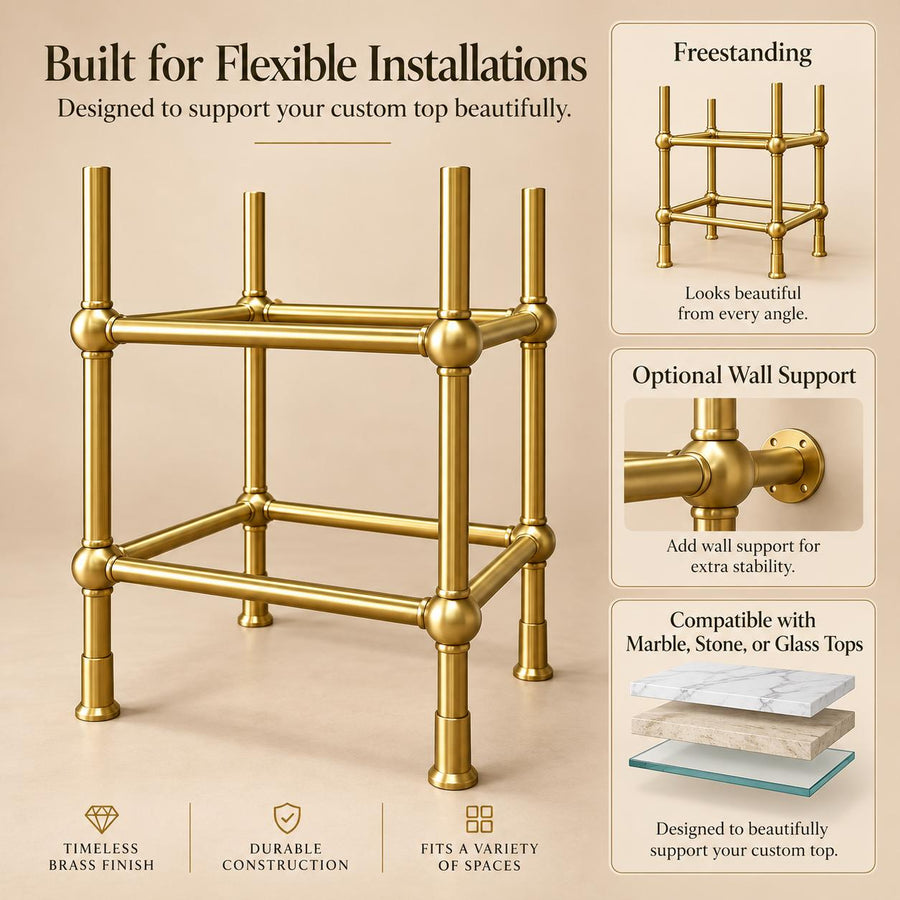 Handmade brass vanity sink stand shown as freestanding or wall-supported installation