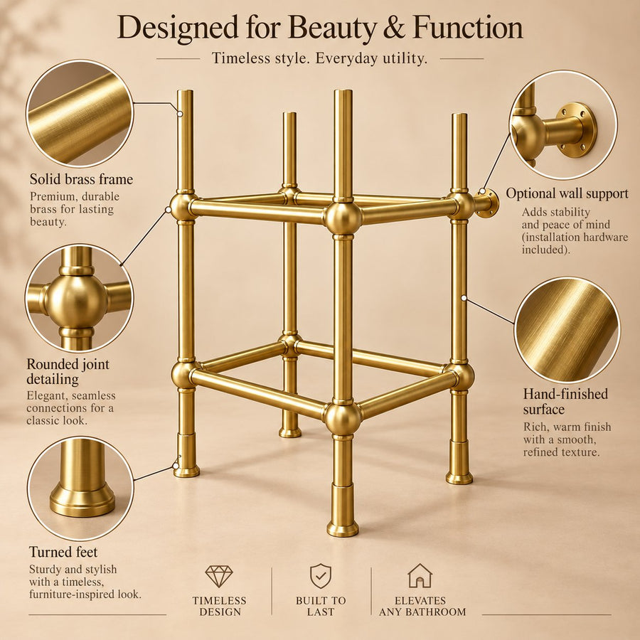 Handmade brass vanity sink stand shown as freestanding or wall-supported installation