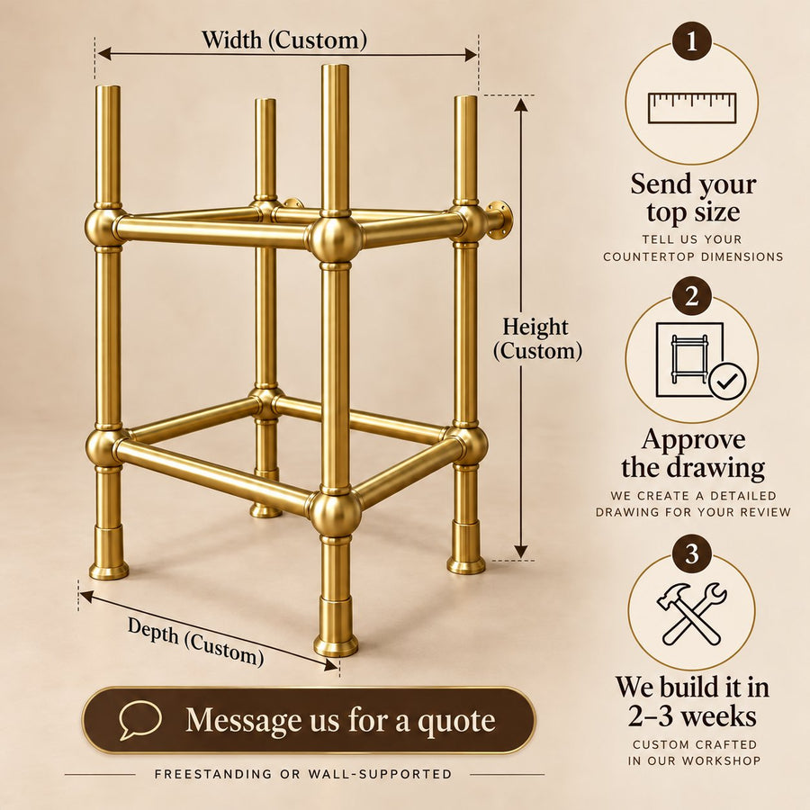 Handmade brass vanity sink stand shown as freestanding or wall-supported installation