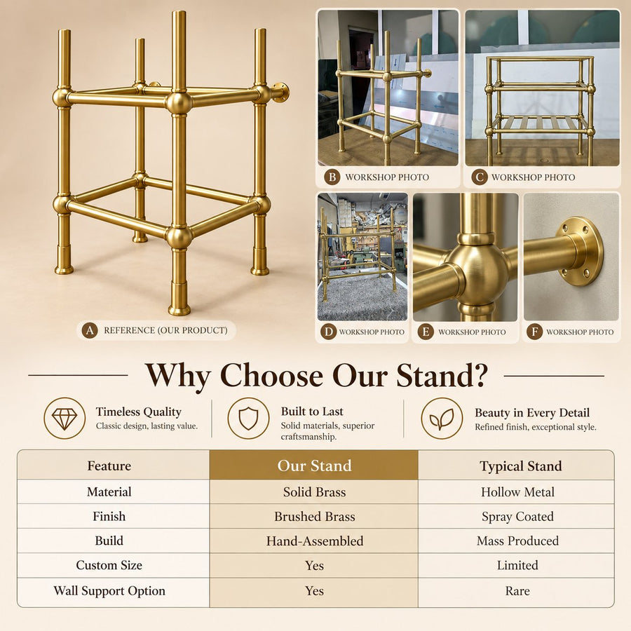 Handmade brass vanity sink stand shown as freestanding or wall-supported installation
