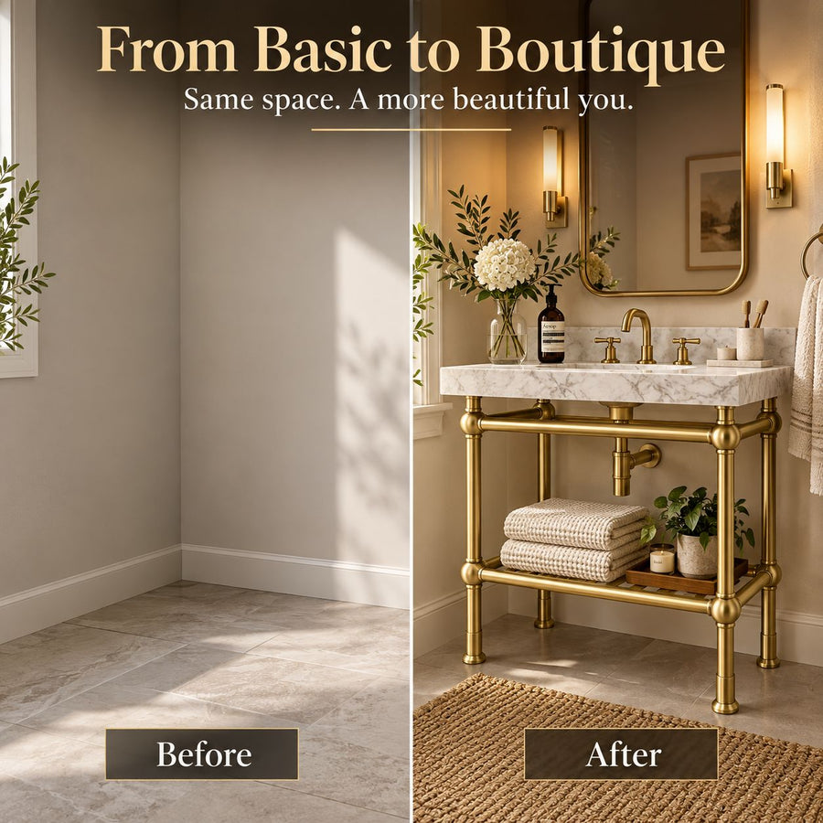 Handmade brass vanity sink stand shown as freestanding or wall-supported installation
