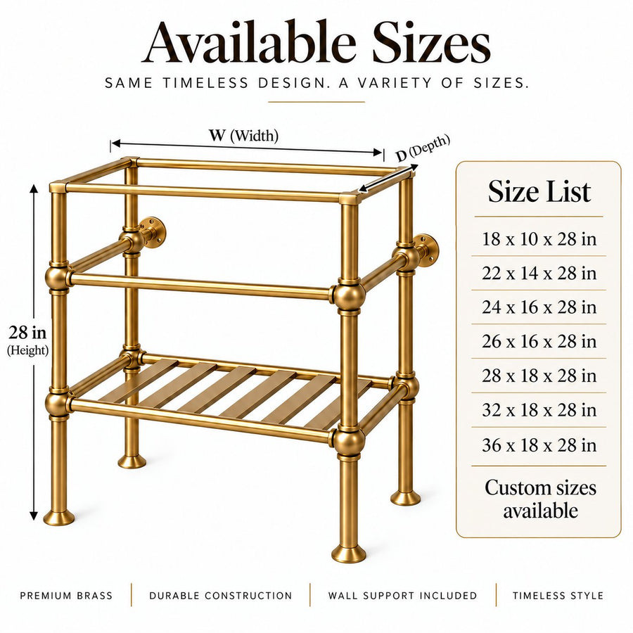 A brass two-tier bathroom shelf with dimension callouts showing width, depth, and height, alongside an available sizes list on a clean white background.