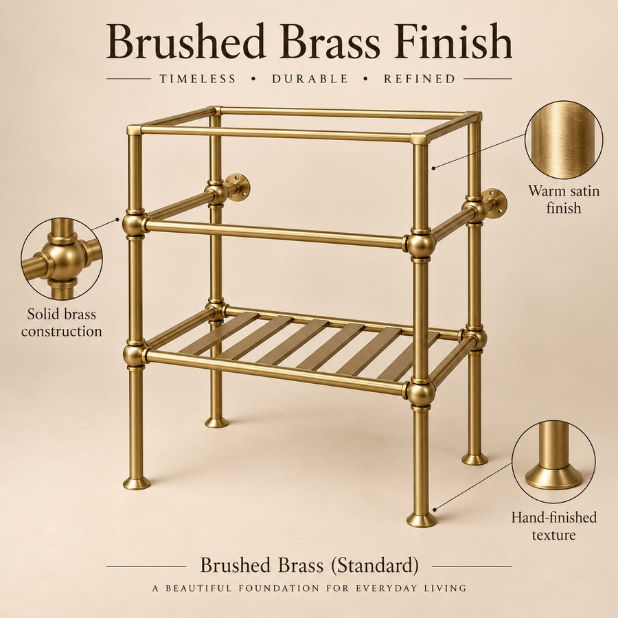 A two-tier brass bathroom or vanity shelf with a brushed brass finish, shown on a warm beige background with callout circles and text highlighting solid brass construction, warm satin finish, and hand-finished texture.