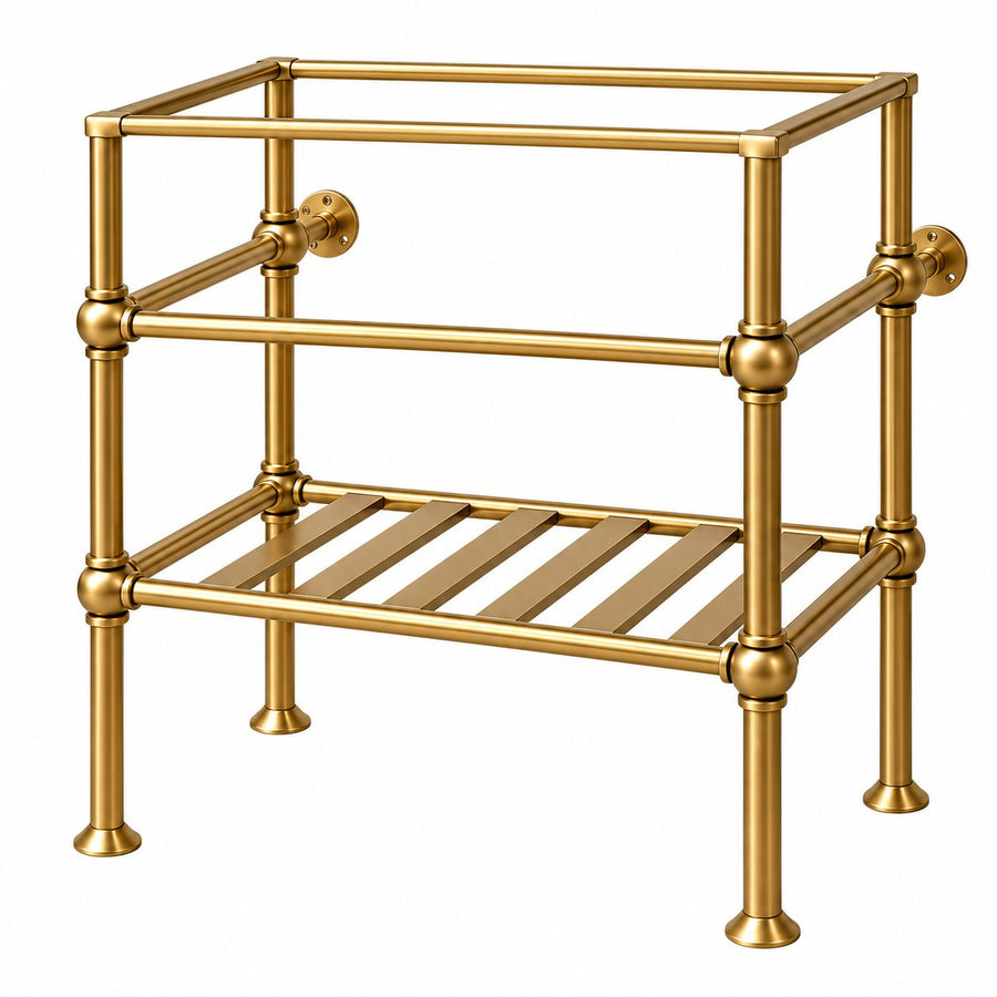 A two-tier brass bathroom shelf and towel bar stand with a slatted lower shelf, isolated on a white background.