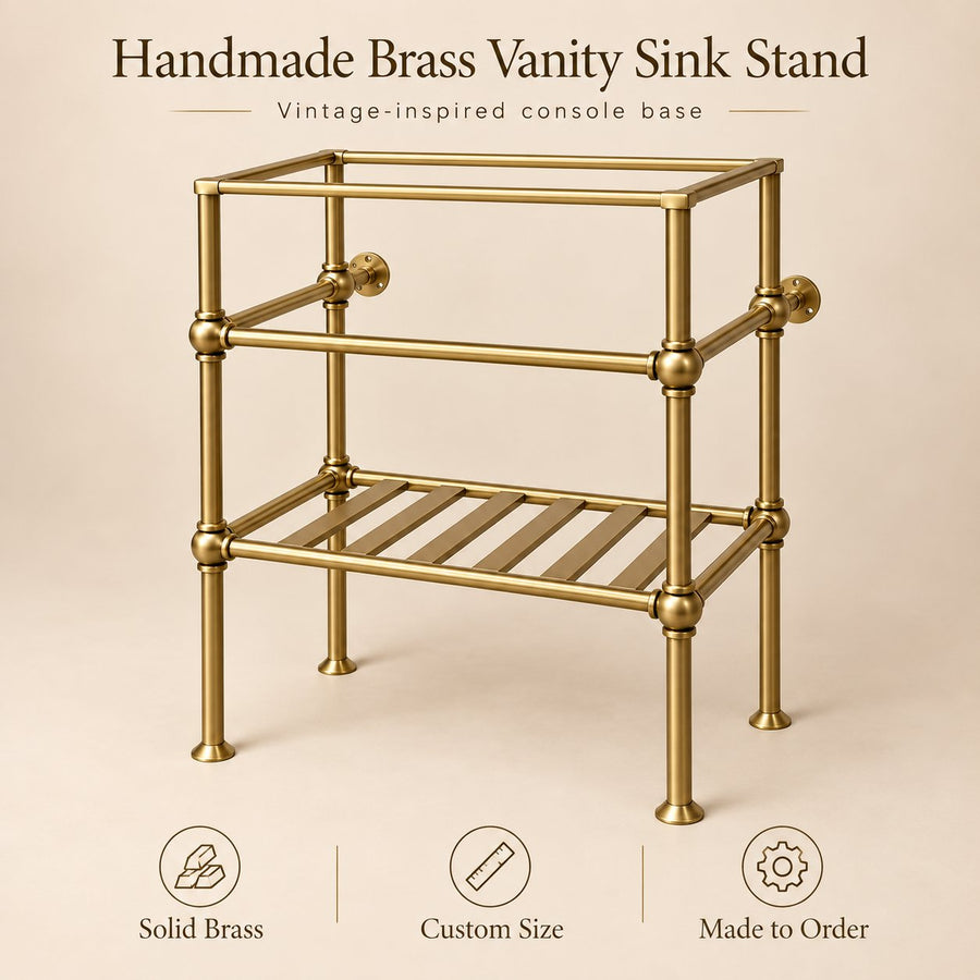 A vintage-style vanity sink stand made of polished brass, featuring two tiers and a slatted lower shelf, shown against a warm beige background with product text and feature icons.