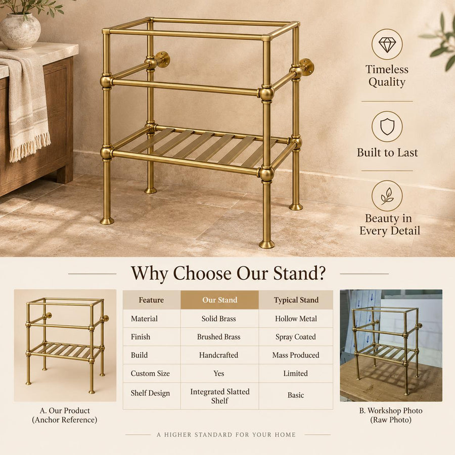 An advertisement for a three-tier brass bathroom stand, showing the product in a bathroom setting, alongside a feature list and a comparison table with a workshop photo.