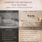 Comparison of ordinary sink vs. architectural natural stone marble sink with text detailing differences.