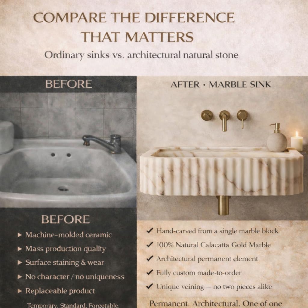 Comparison of ordinary sink vs. architectural natural stone marble sink with text detailing differences.