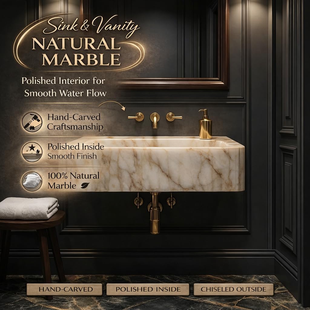 Marble sink with gold fixtures in a darkly paneled bathroom.