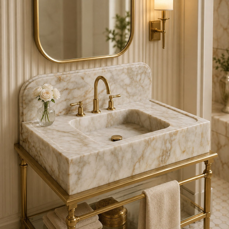 A bathroom vanity featuring a rectangular marble sink with a matching marble backsplash, mounted on a gold metal stand. The sink is equipped with a gold faucet and two separate hot/cold handles.