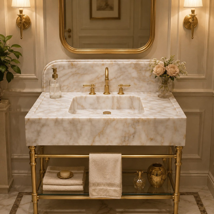 A luxury bathroom sink featuring a white marble sink and countertop with elegant gold brass fixtures, a matching gold-framed mirror, and a gold metal stand with folded towels and decorative items.