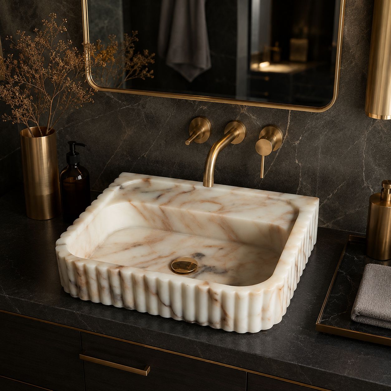 Top view of Calacatta Gold marble sink with scalloped fluted edge and brass faucet