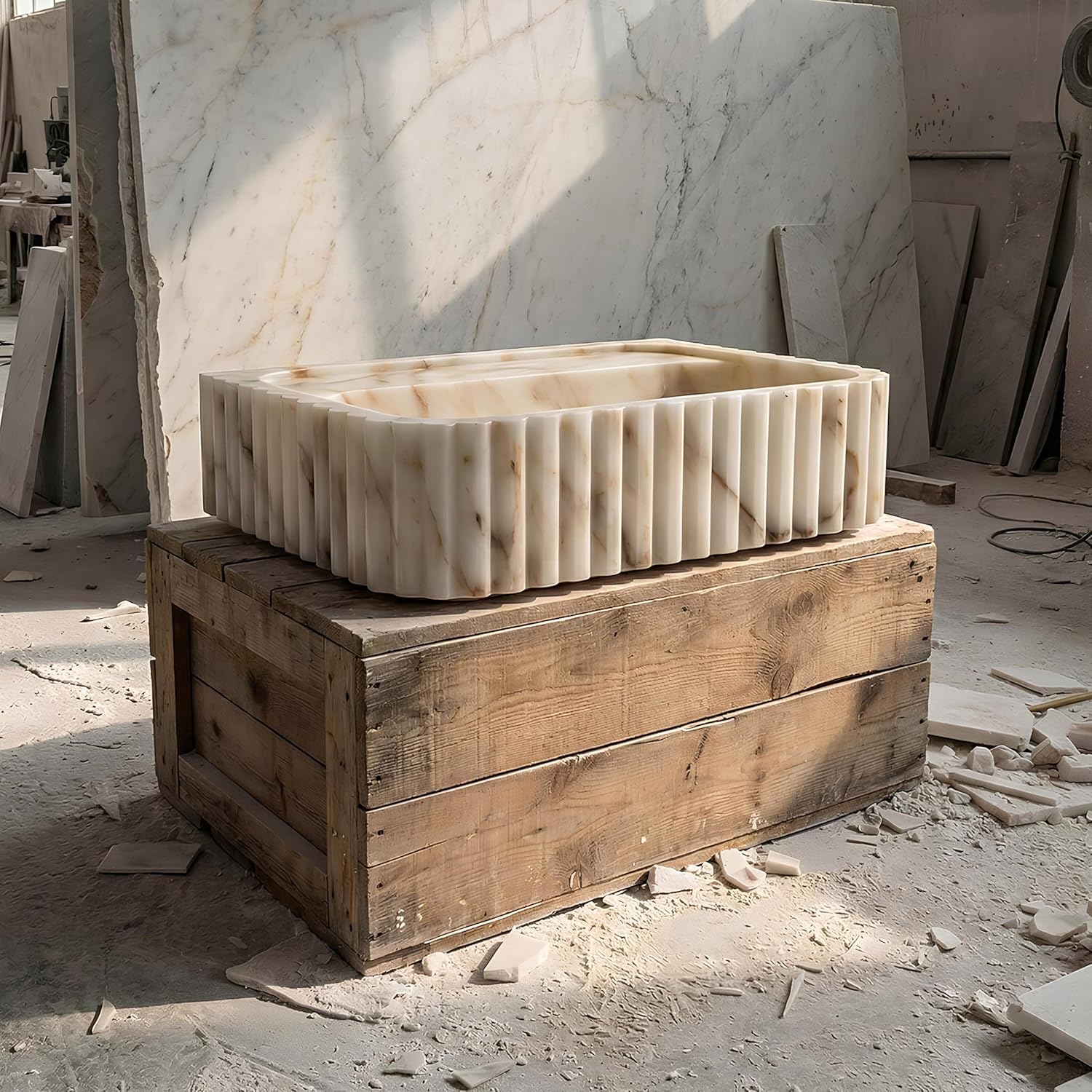 Marble planter on a wooden crate in a construction site setting