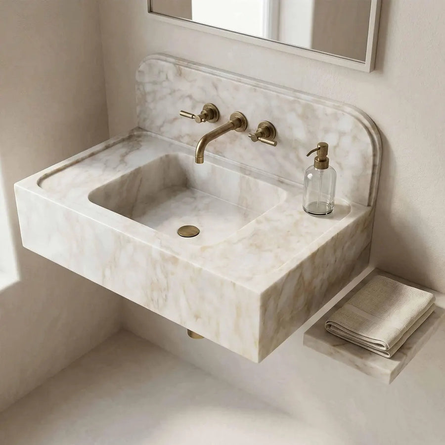 A floating rectangular bathroom sink made of cream and beige marble with elegant white veining, paired with a brushed brass faucet and a matching glass soap dispenser. The sink is mounted on a beige wall with a built-in shelf holding a folded beige towel, and a mirror is partially visible at the top.