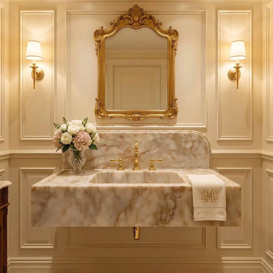 Luxurious bathroom with marble sink, gold fixtures, and decorative mirror.