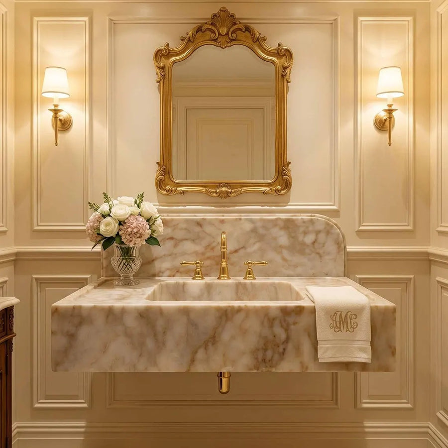 Luxurious bathroom with marble sink, gold fixtures, and decorative mirror.