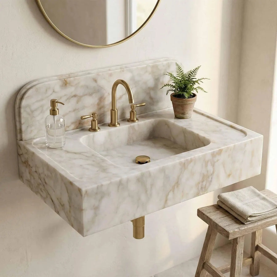 Marble sink with gold fixtures in a bathroom setting