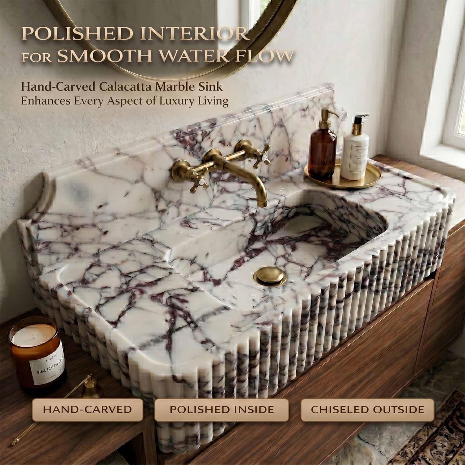 Marble sink with gold faucet in a bathroom setting, featuring text about sink features.