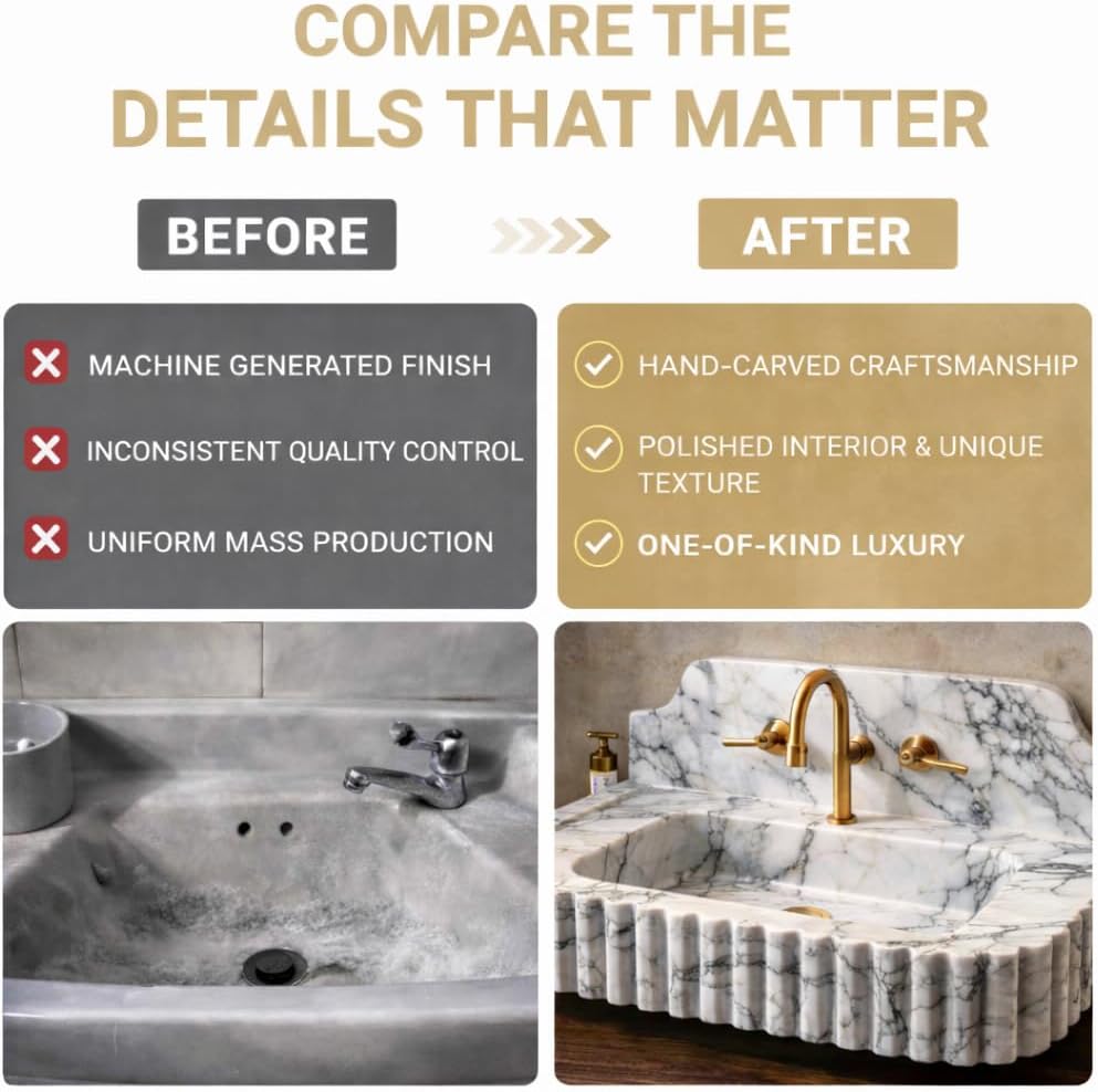 Before and after comparison of a sink with machine-generated finish vs hand-carved craftsmanship.