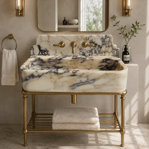 Calacatta Viola Marble Sink, Custom Apron Front Vanity with Backsplash