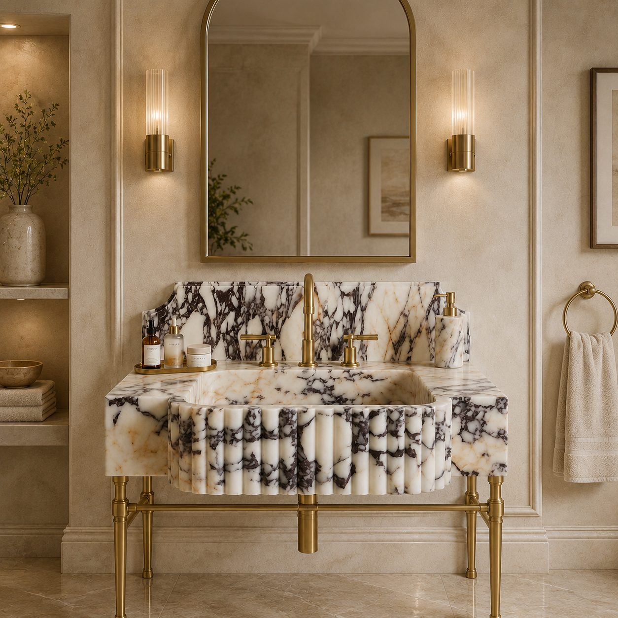 A luxury bathroom vanity featuring a white marble sink and matching marble backsplash with dramatic black veining, supported by ornate gold metal legs. The vanity is styled with gold fixtures, a matching marble soap dispenser, and a large gold-framed mirror on a beige paneled wall.