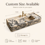 A rectangular marble-look sink with a built-in basin and brass faucet, shown on a light beige background with text indicating custom size availability and dimension arrows for length, width, and depth.