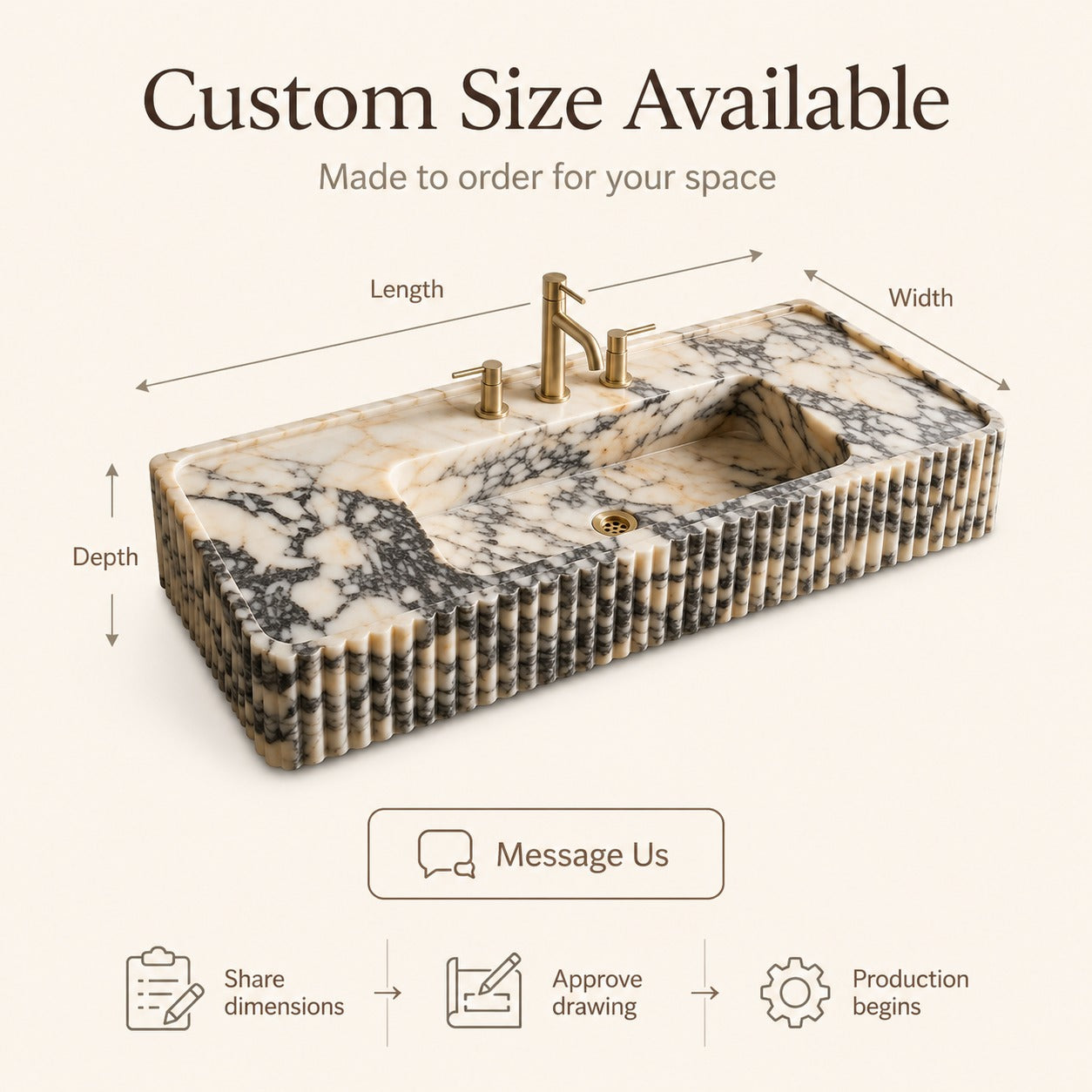 A rectangular marble-look sink with a built-in basin and brass faucet, shown on a light beige background with text indicating custom size availability and dimension arrows for length, width, and depth.