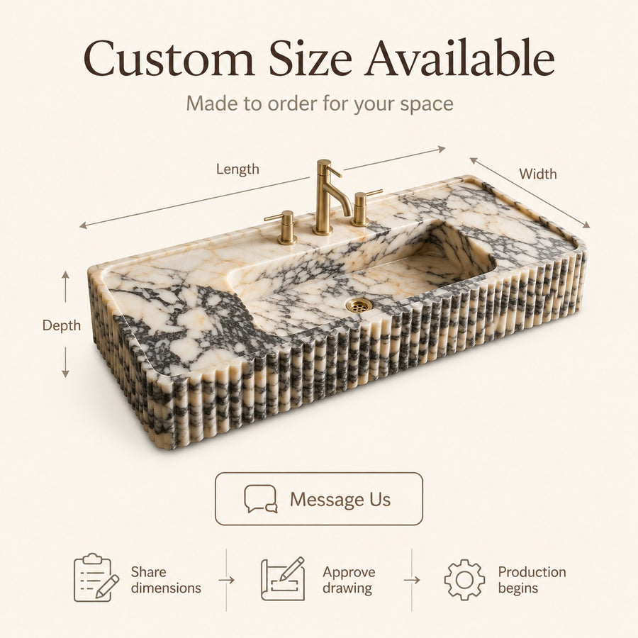 A rectangular marble-look sink with a built-in basin and brass faucet, shown on a light beige background with text indicating custom size availability and dimension arrows for length, width, and depth.