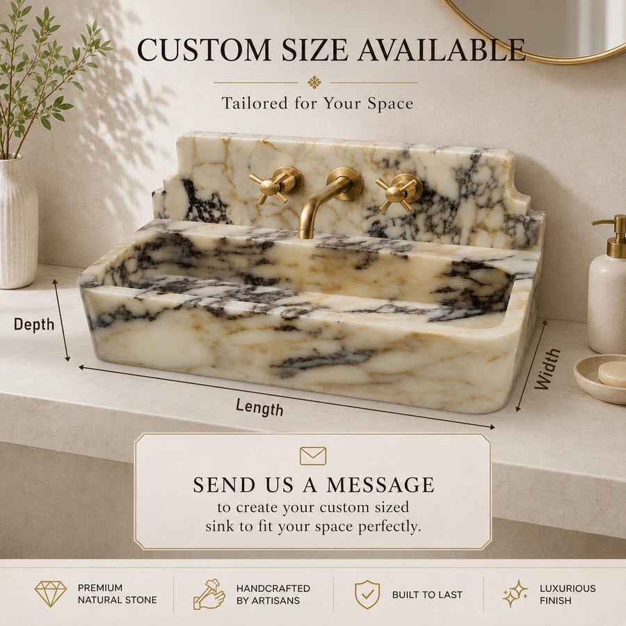 A freestanding rectangular marble sink with a matching backplate and gold faucet hardware, shown installed on a bathroom counter. The image includes overlaid text stating 'CUSTOM SIZE AVAILABLE,' dimension labels for depth, length, and width, and feature icons for premium natural stone, handcrafted artisanship, durability, and luxury finish.