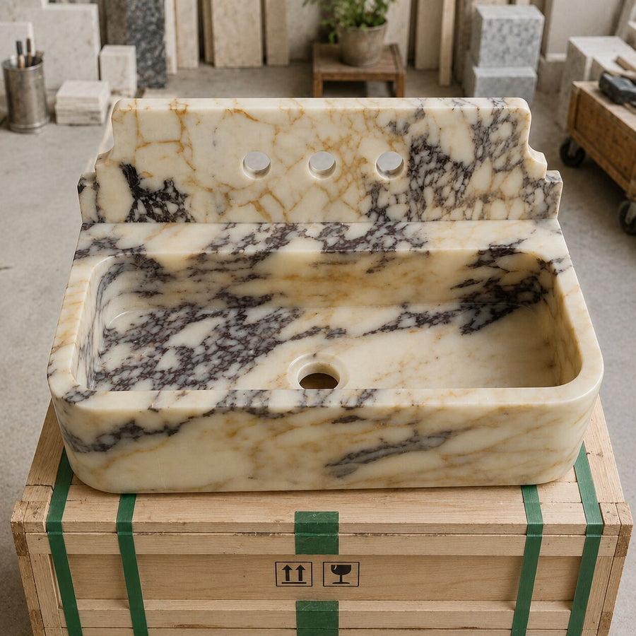 custom handmade marble sink in a marble workshop