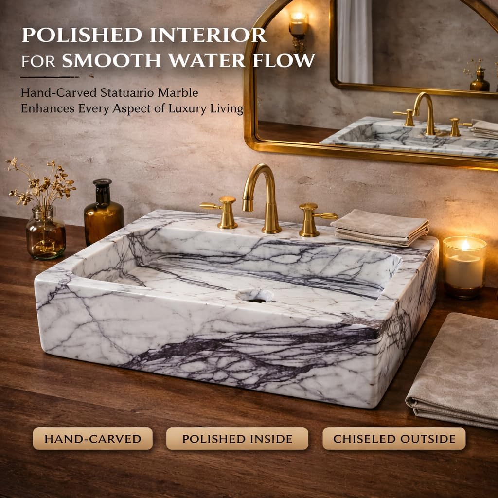Marble sink with gold fixtures in a bathroom setting, featuring text about marble quality.