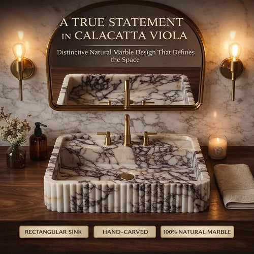 Calacatta Viola marble vessel sink countertop installation luxury bathroom warm lighting brass faucet