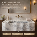 Marble sink in a bathroom setting with text about marble quality.