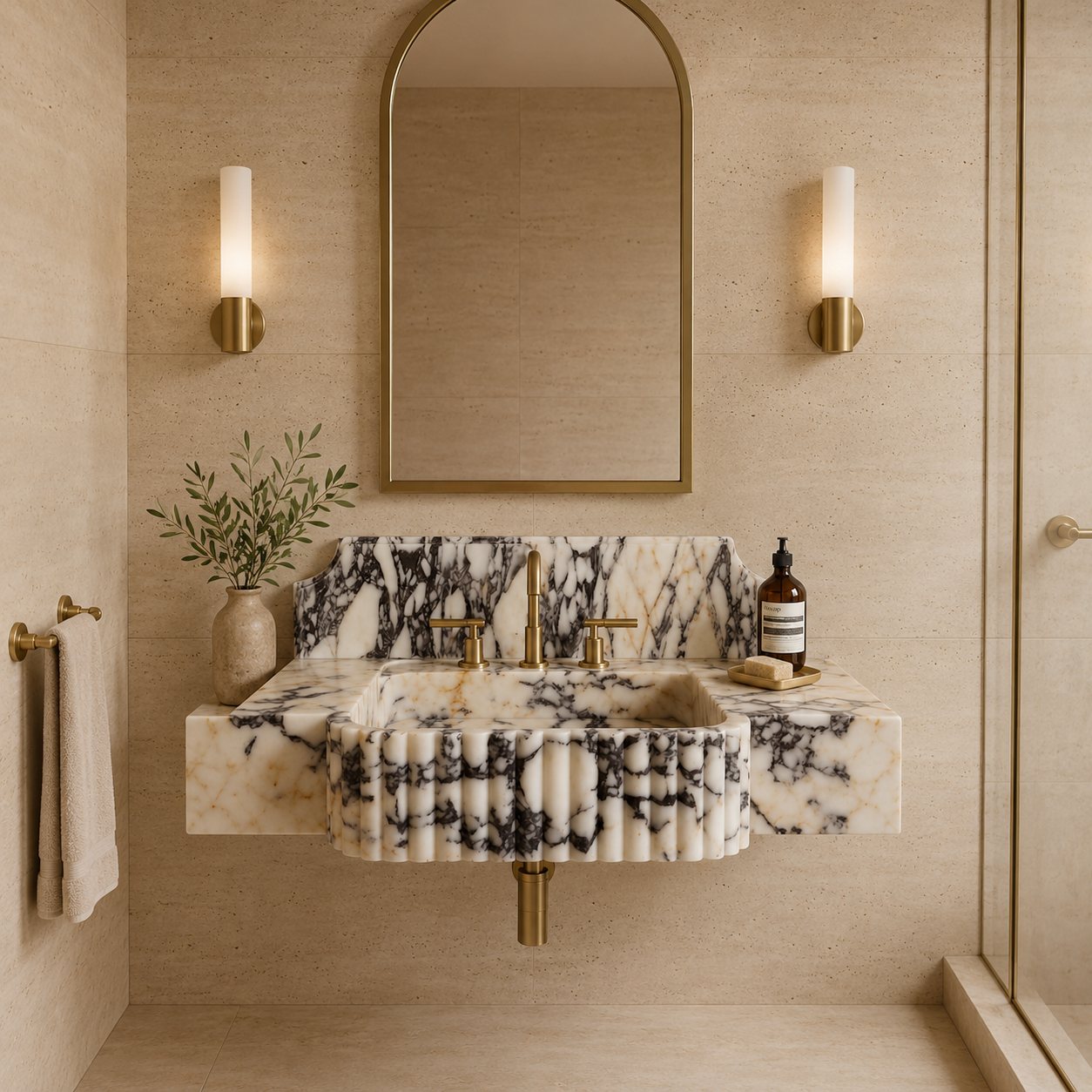 A modern wall-mounted bathroom sink with a cream and black marble pattern, paired with brushed gold fixtures, set against a beige stone wall with a matching arched mirror and wall sconces.