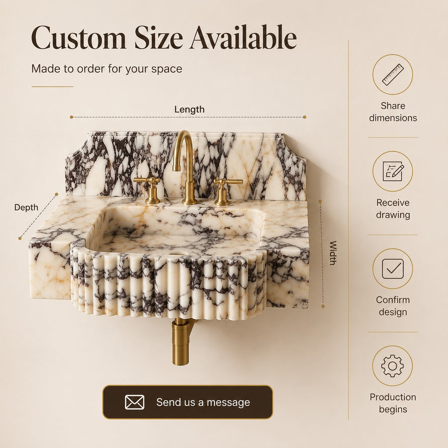 A marble bathroom sink vanity with a fluted front and gold faucet, shown with dimension labels and text stating 'Custom Size Available' plus feature icons on the right.
