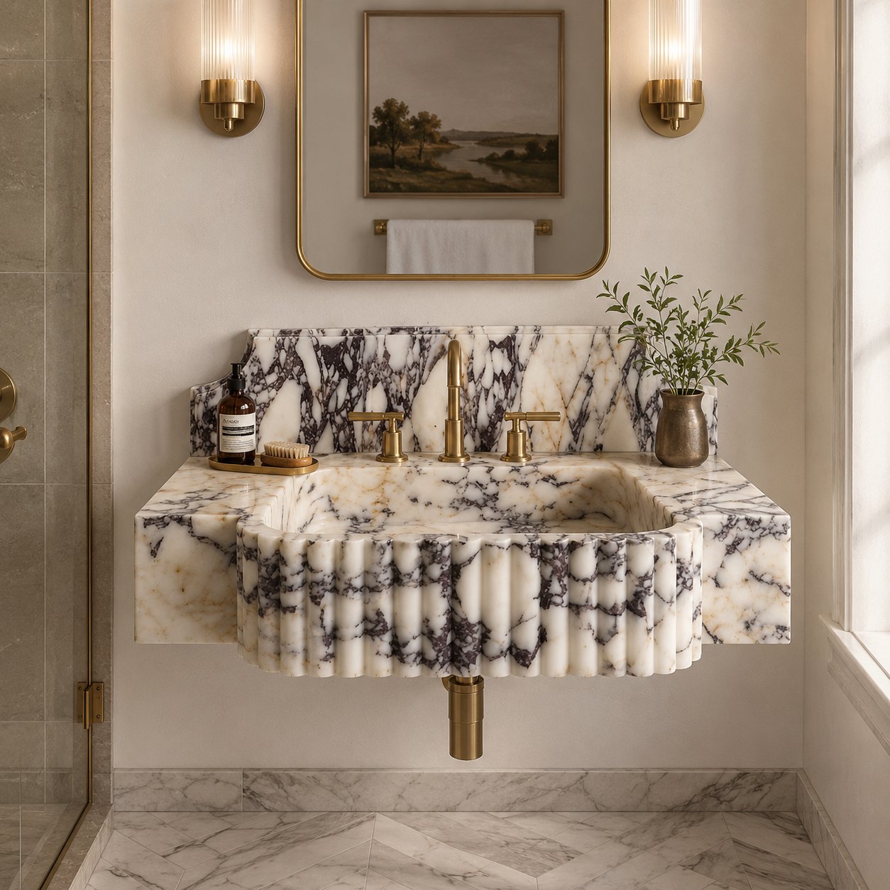 A luxury wall-mounted bathroom sink made of fluted white marble with dramatic black veining, paired with a matching marble backsplash and gold-finished fixtures, set in a beautifully styled bathroom.