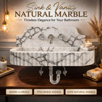 Marble sink with polished interior on a wooden vanity, featuring text about natural marble.