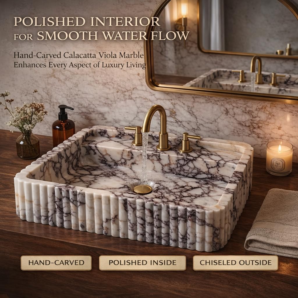 Calacatta Viola marble sink with polished interior smooth water flow and chiseled fluted exterior