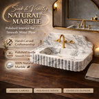 Marble sink with gold faucet in a bathroom setting, featuring text about natural marble and hand-carved craftsmanship.