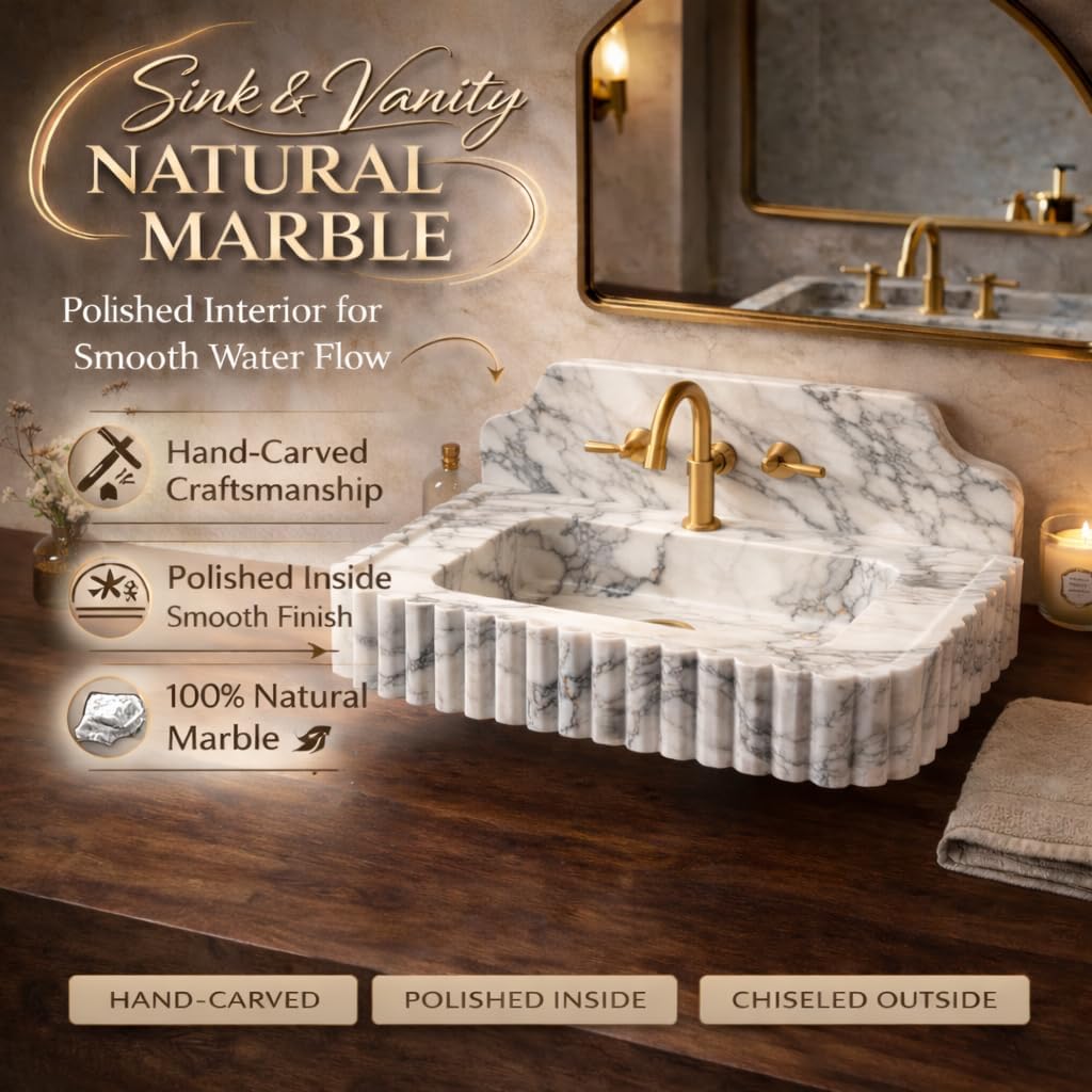 Marble sink with gold faucet in a bathroom setting, featuring text about natural marble and hand-carved craftsmanship.