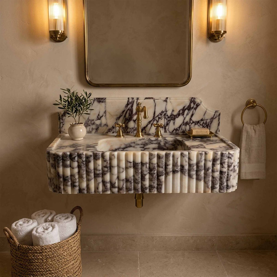 Calacatta Viola marble sink wall mounted in neutral bathroom