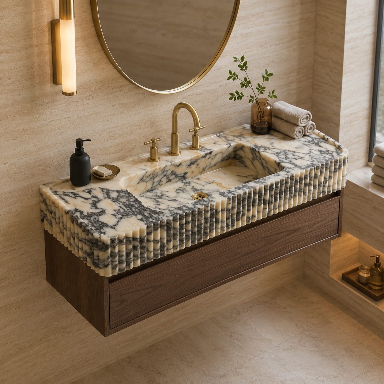 A floating bathroom vanity with a carved stone sink top in cream and gray marbled stone, a dark wood cabinet, a gold faucet, and matching gold wall hardware in a warm beige bathroom setting.