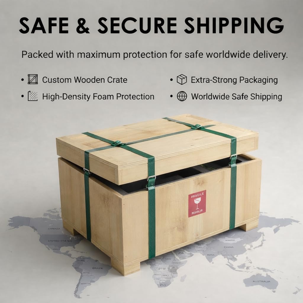 Calacatta Viola marble vessel sink packaged in custom wooden crate for worldwide insured shipping