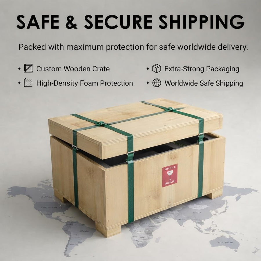 Calacatta Viola marble vessel sink packaged in custom wooden crate for worldwide insured shipping