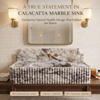 Marble sink with gold fixtures in a bathroom setting, featuring text about Calacatta marble.