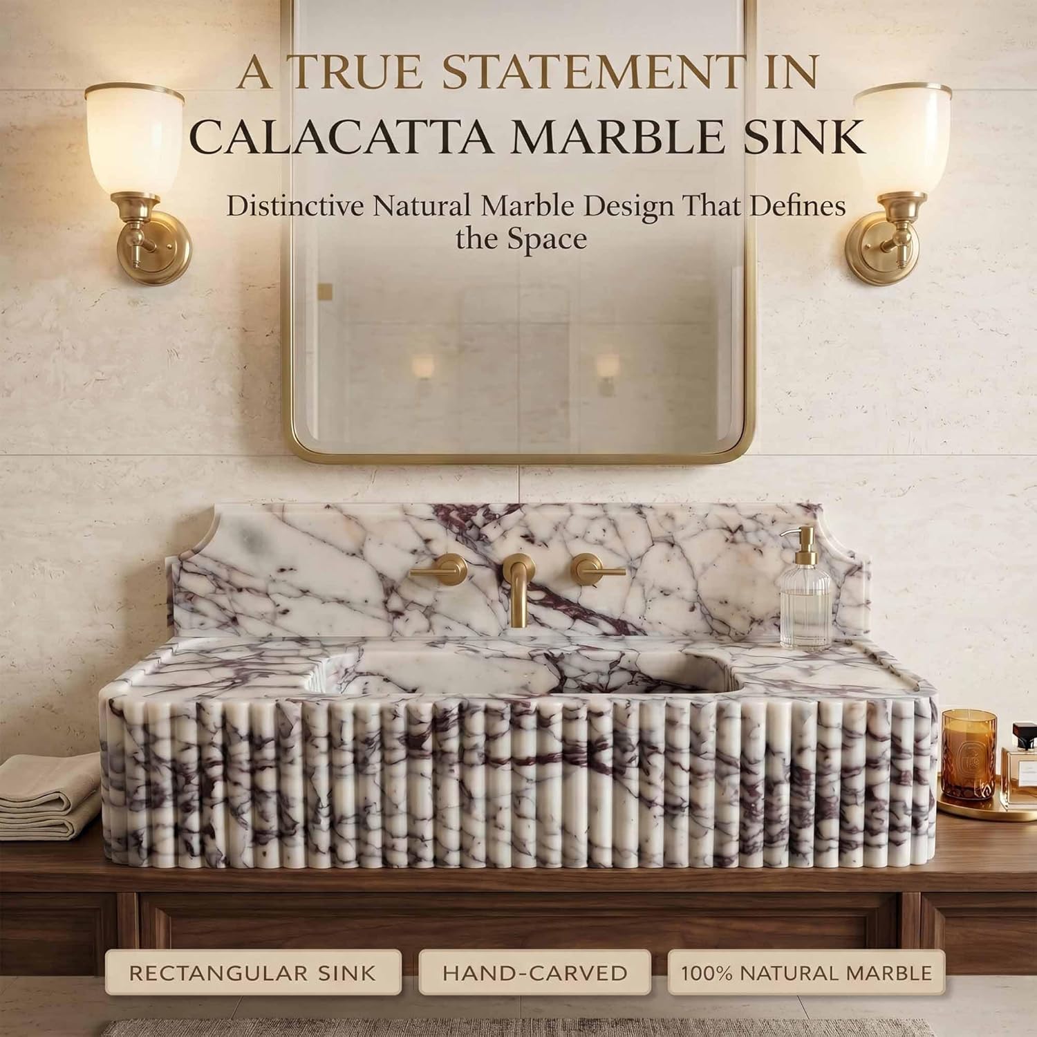 Marble sink with gold fixtures in a bathroom setting, featuring text about Calacatta marble.