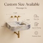 A wall-mounted marble sink with a ribbed fluted edge and a gold faucet set, shown on a beige background with text reading 'Custom Size Available' and measurement callouts for length, width, and depth, plus icons for share size, approve drawing, and production starts.