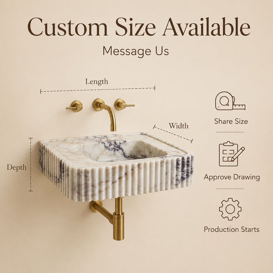 A wall-mounted marble sink with a ribbed fluted edge and a gold faucet set, shown on a beige background with text reading 'Custom Size Available' and measurement callouts for length, width, and depth, plus icons for share size, approve drawing, and production starts.